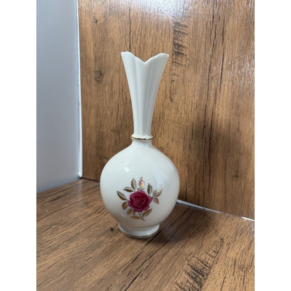 Vtg Lenox Rhodora Bud Vase Ivory Pink Rose Gold Leaves 24K Gold Trim 8" Tall USA